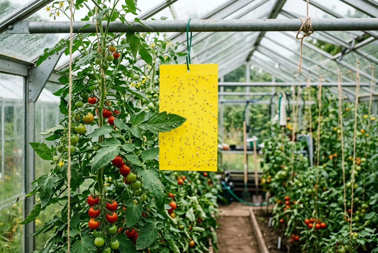 Parasitised whitefly nymphs turned black by Encarsia formosa on a greenhouse plant leaf