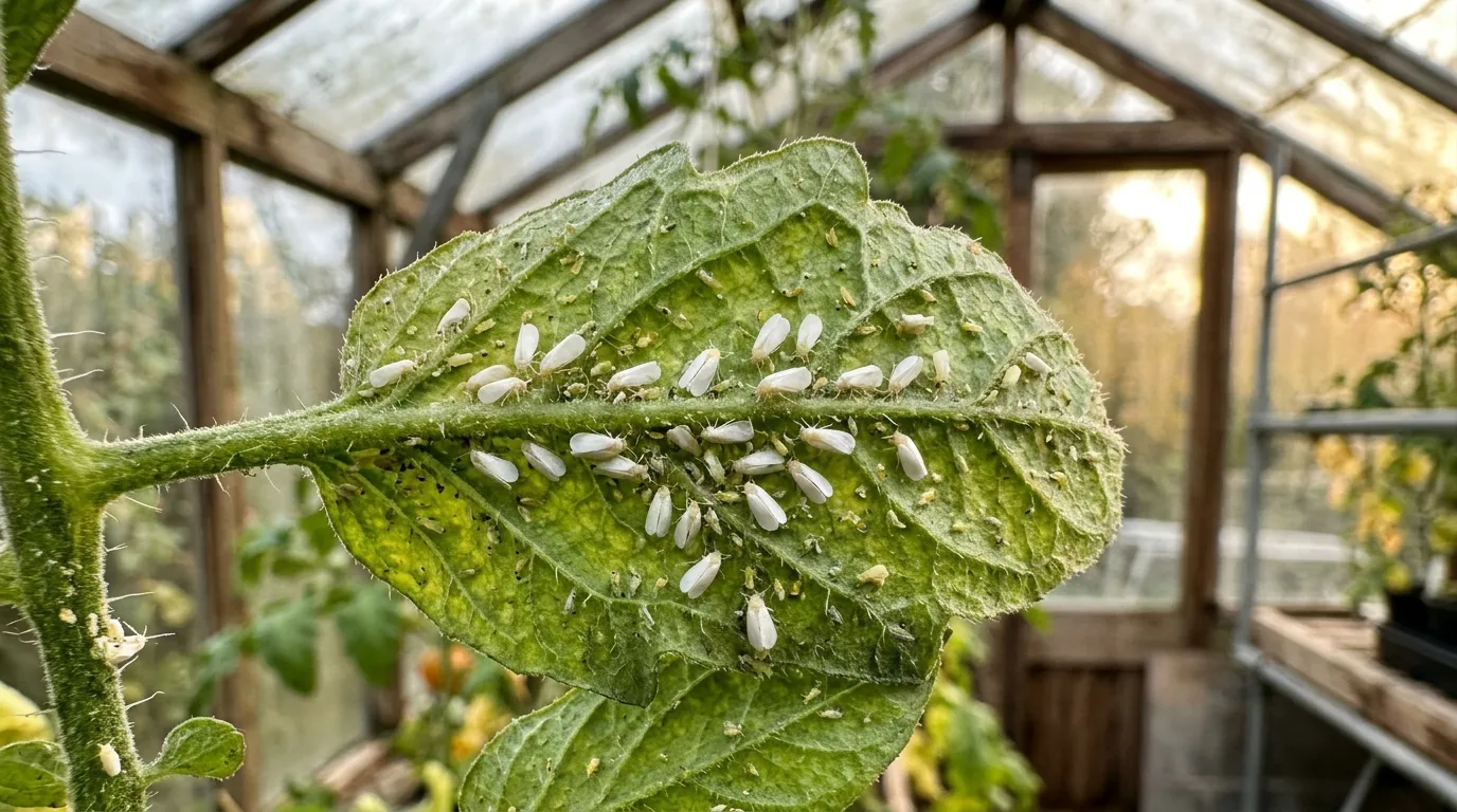 Greenhouse whitefly insects on the underside of a tomato plant leaf in a UK greenhouse