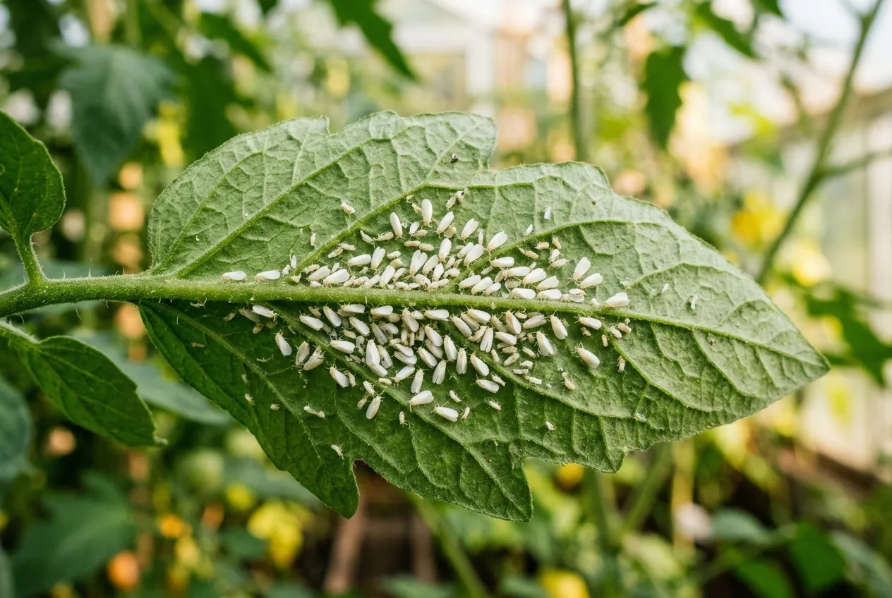 Close-up of greenhouse whitefly adults and nymphs on a tomato leaf underside
