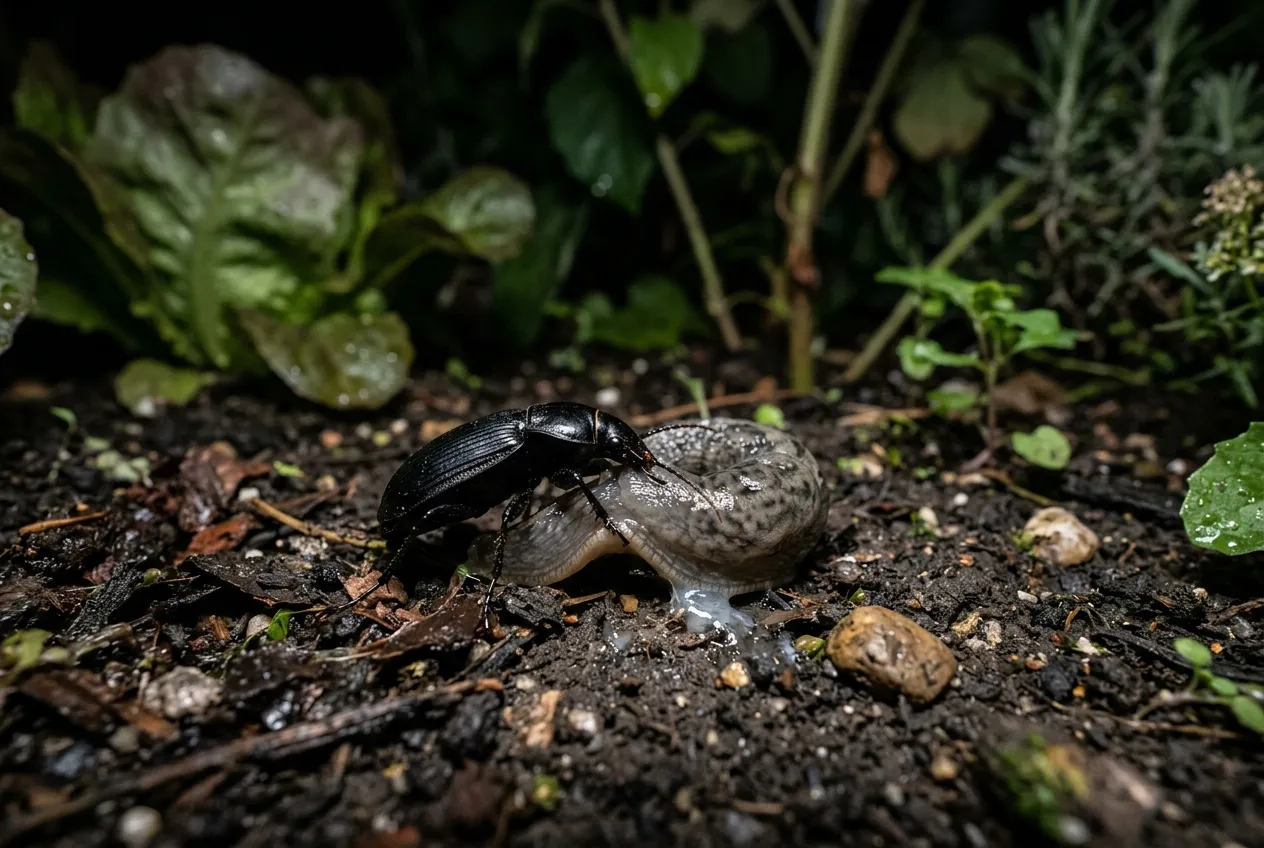 Ground beetle hunting a slug on damp soil at night in a UK vegetable garden