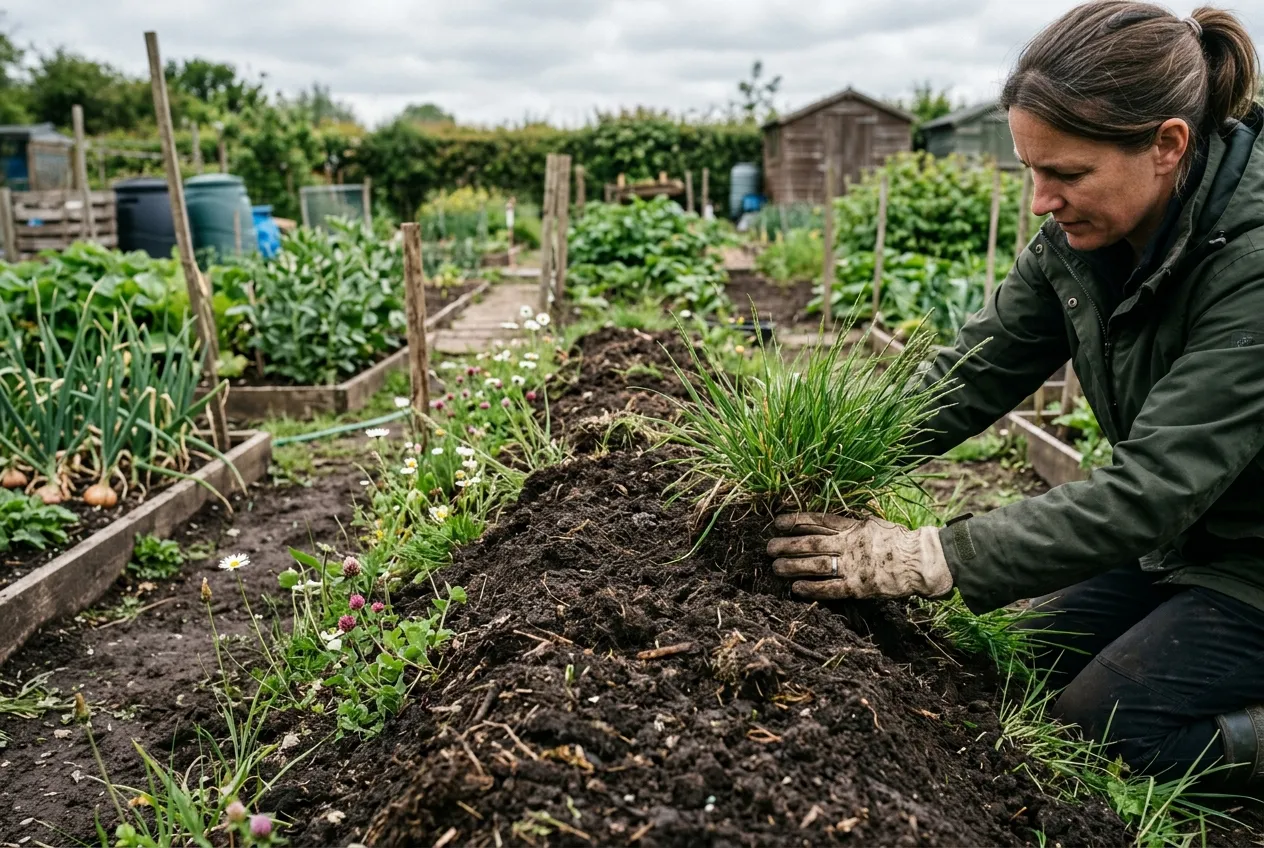 Creating a beetle bank in a UK allotment garden with tussock grasses being planted into a raised earth ridge