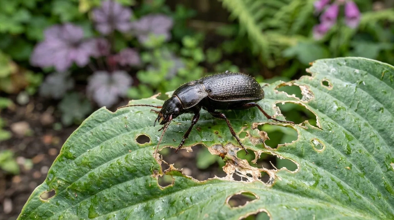 Close-up showing ground beetles garden guide on UK garden plant for identification