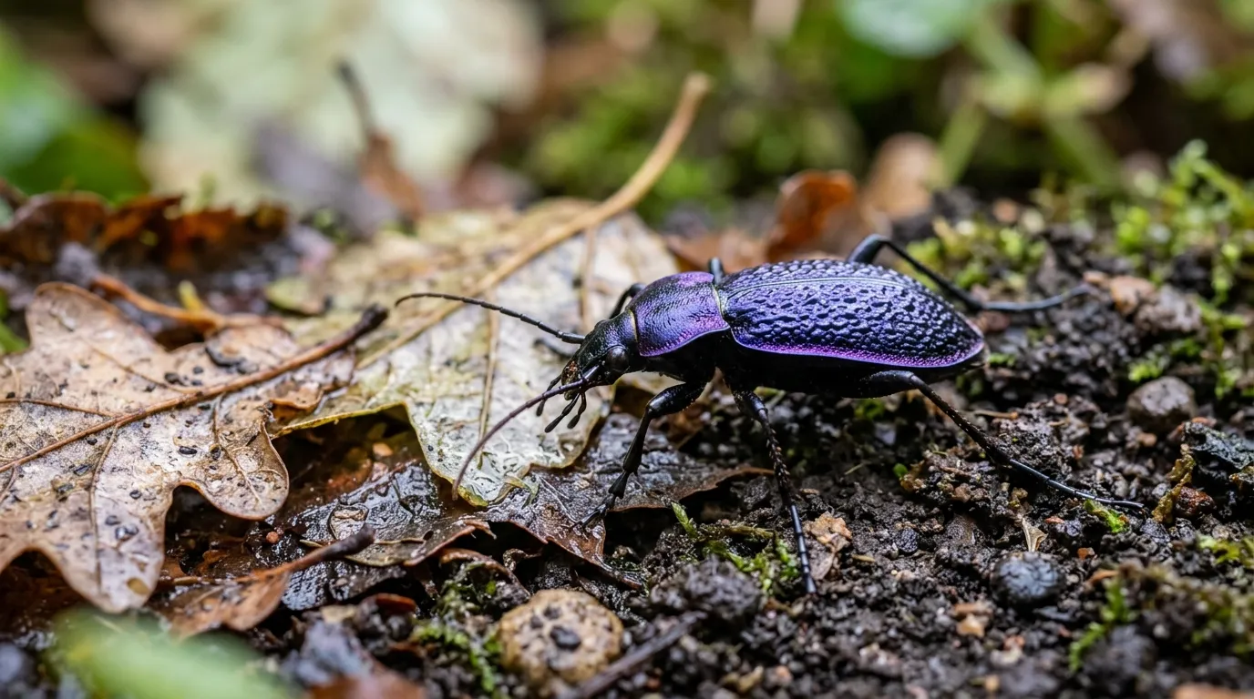 Violet ground beetle with iridescent purple wing cases on damp soil in a UK garden