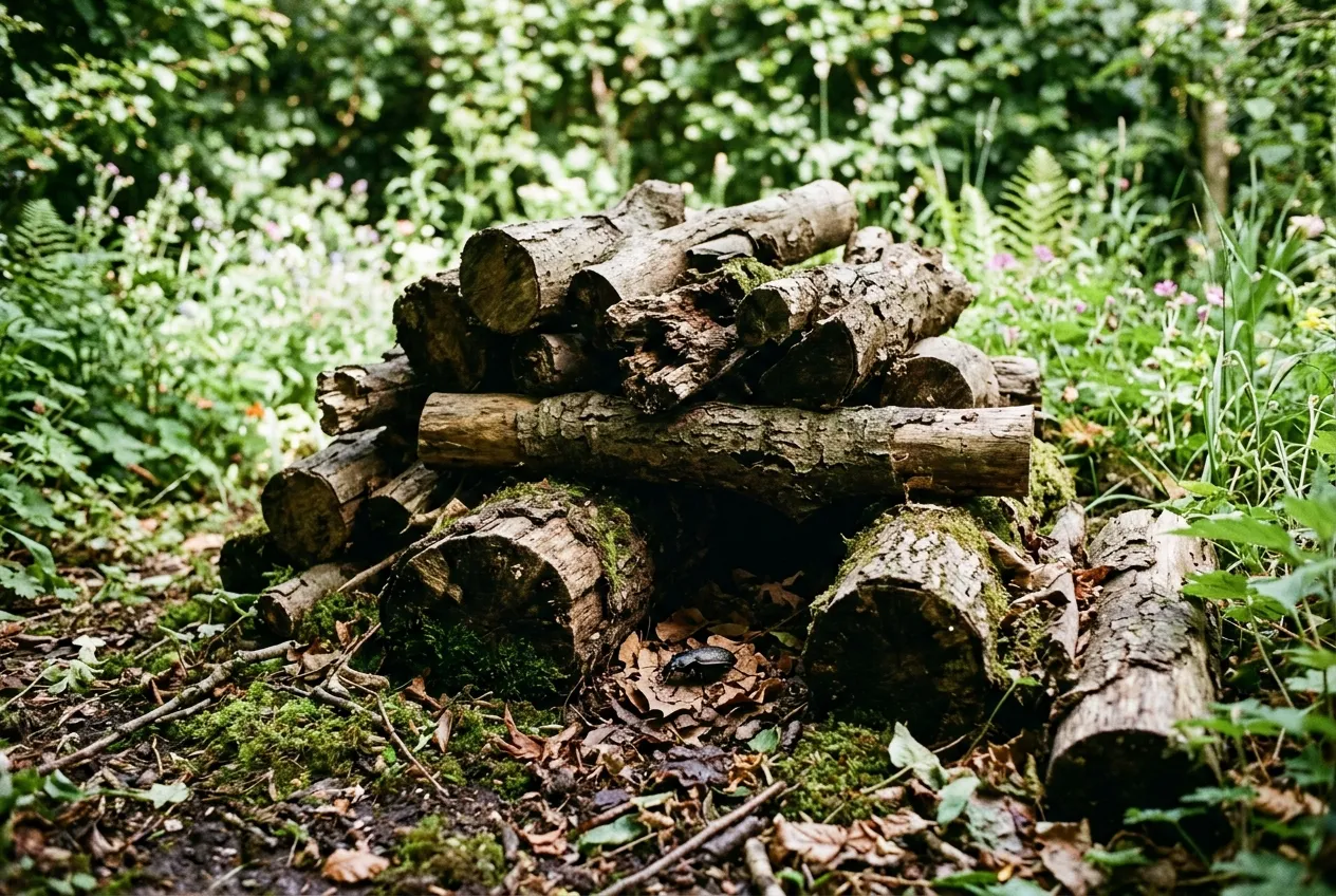 Log pile beetle refuge in a shady corner of a UK cottage garden with moss and leaf litter