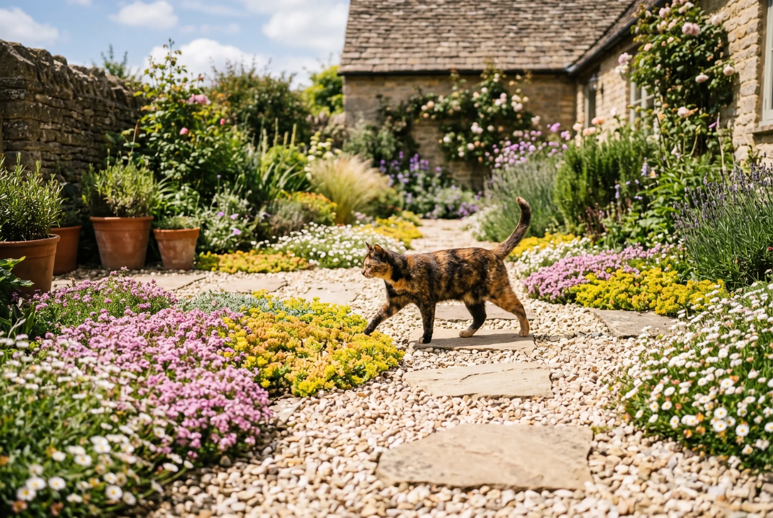 Best ground cover plants UK including thyme sedum and erigeron growing between gravel and stepping stones with a tortoiseshell cat