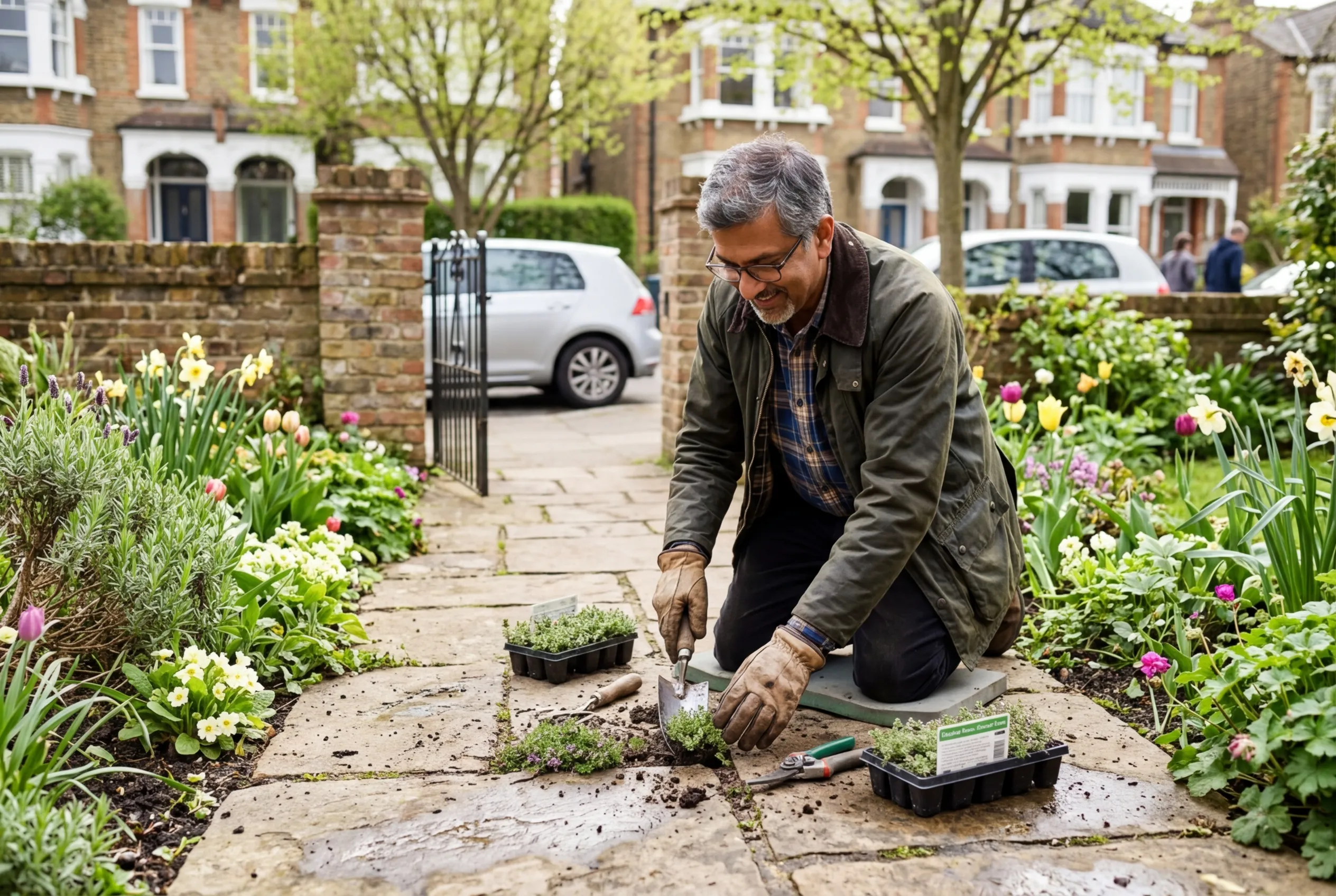 Best ground cover plants UK with a gardener planting creeping thyme between paving stones on a suburban front garden path