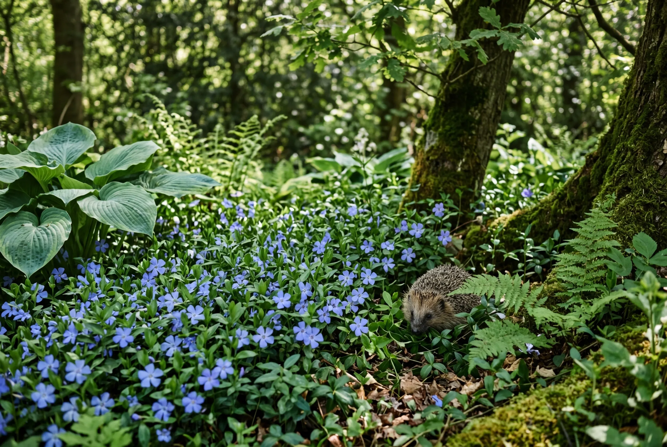 Best ground cover plants UK featuring blue-flowering vinca minor spreading under trees with ferns and a hedgehog in a shady woodland garden