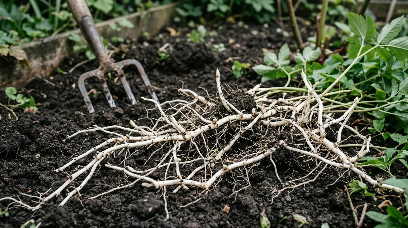 Ground elder rhizome root network dug up from soil showing white underground stems