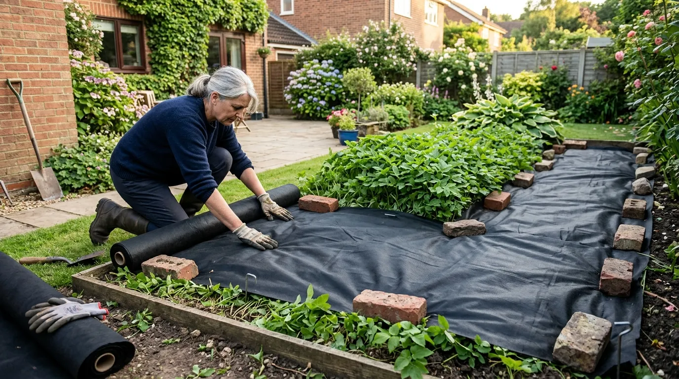 Ground elder being smothered with black membrane as a removal method in a UK garden