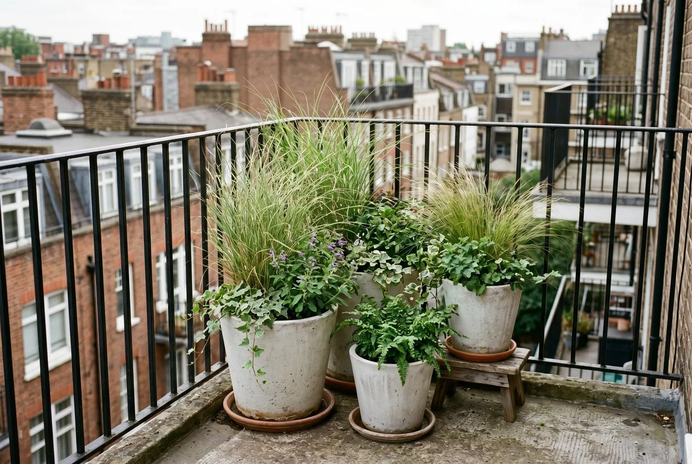 City balcony potscaping group of lightweight pots arranged in a corner with grasses and trailing plants