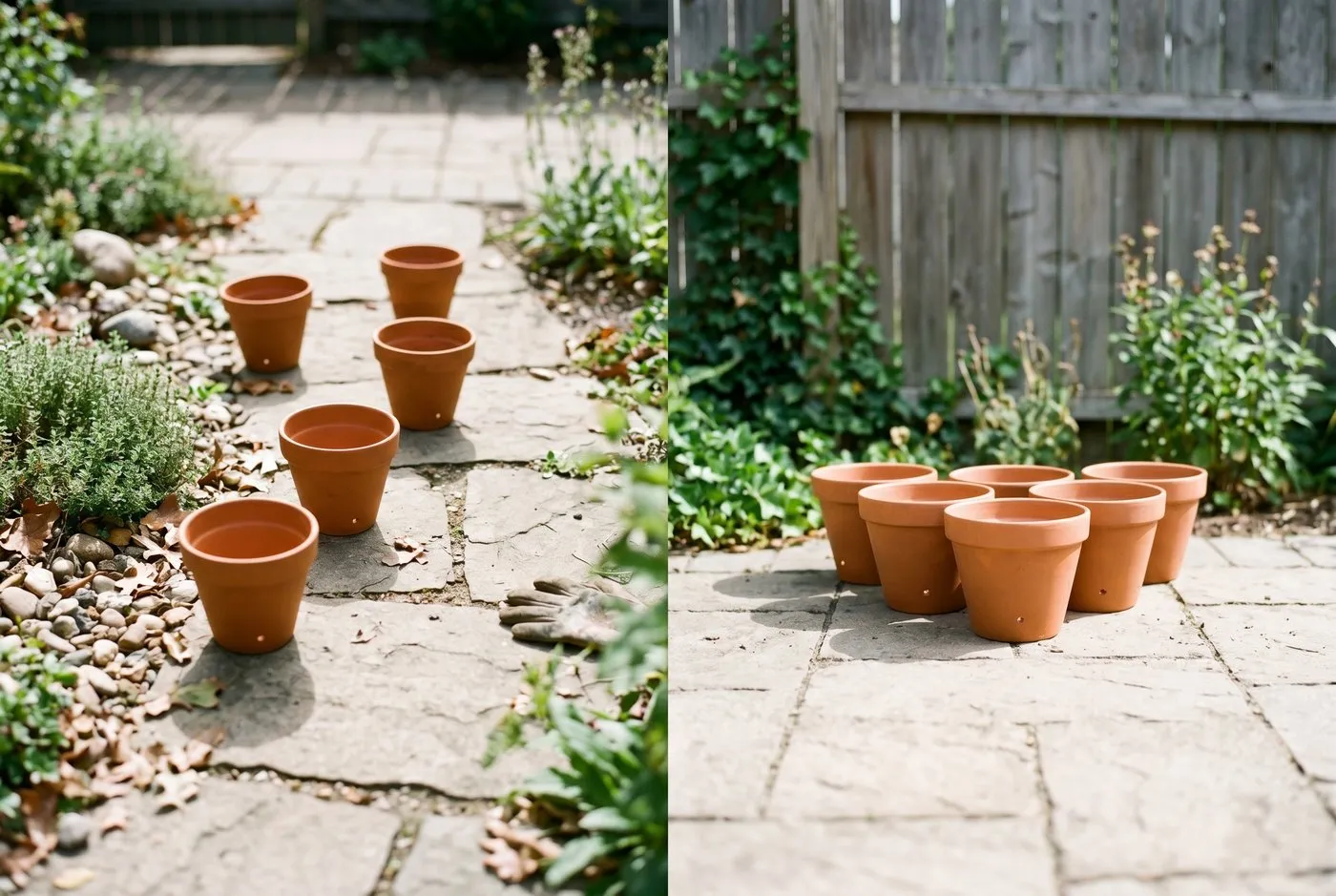 Diagnostic comparison of scattered single pots versus a grouped potscaping cluster on a UK suburban patio
