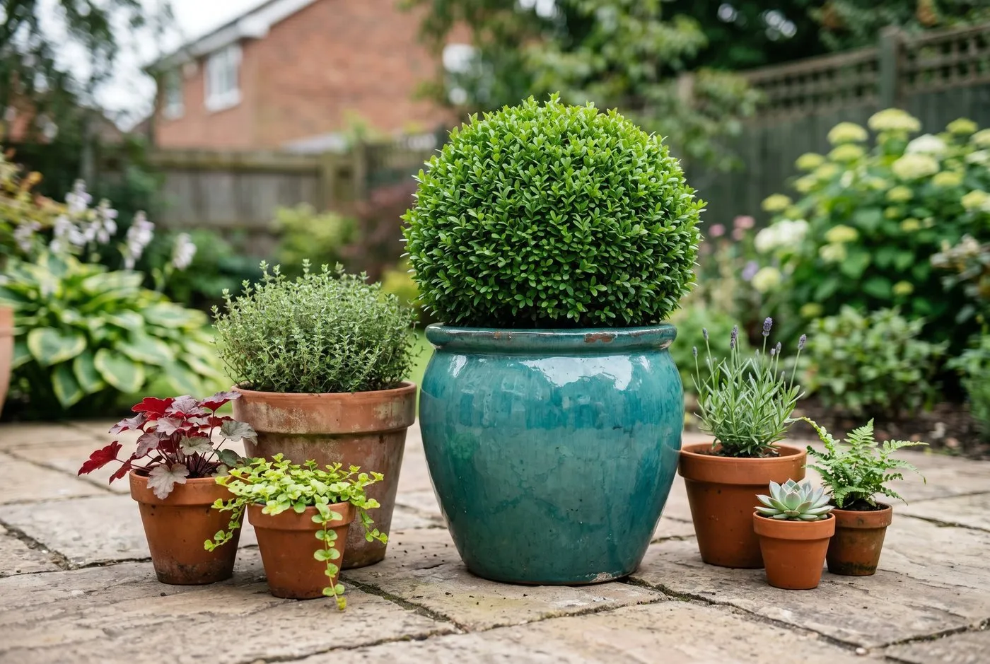 Glossy glazed statement pot acting as the focal point in a potscaping group on a suburban patio