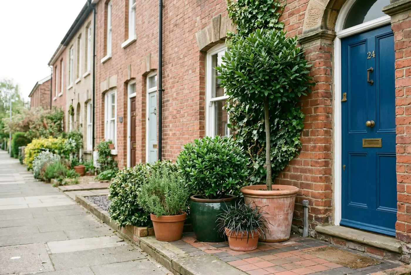 Potscaping front door display on a UK terraced house with stepped pots flanking the entrance