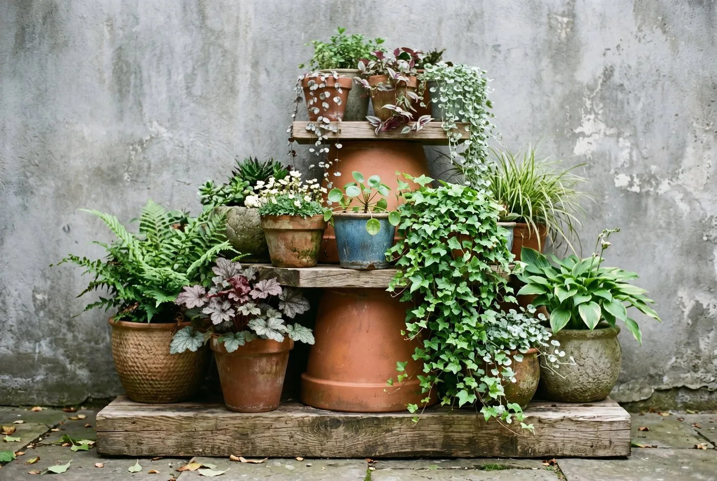 Height-tier potscaping arrangement with pots raised on plinths and pot staging against a courtyard wall