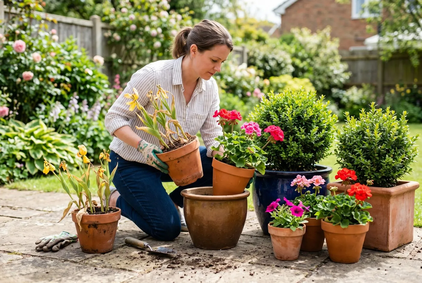 Seasonal swap in progress, lifting faded spring bulb pots and slotting in summer annuals in a potscaping group