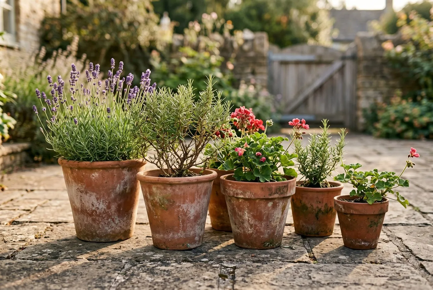 Group of terracotta pots in graded sizes on a suburban patio planted with herbs lavender and pelargoniums