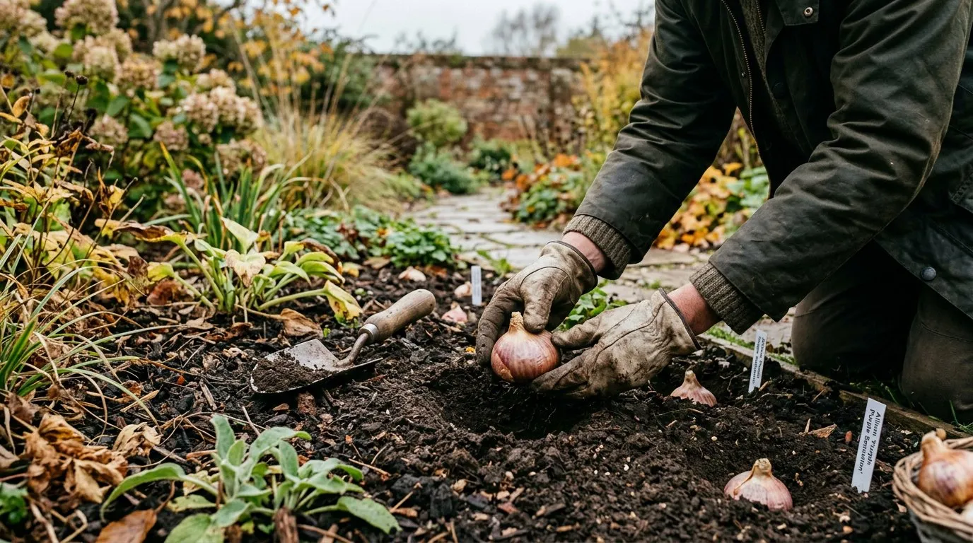 Allium bulbs being planted in a prepared border in a UK autumn garden