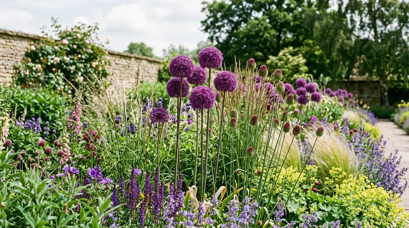 Mixed allium varieties including drumstick and globemaster in a UK perennial border