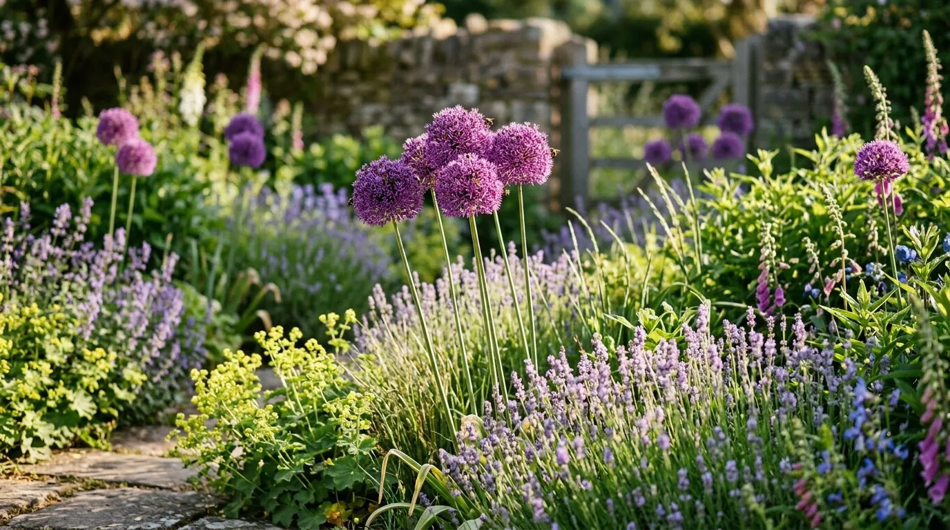 Allium Purple Sensation with large spherical purple flower heads in a UK cottage garden