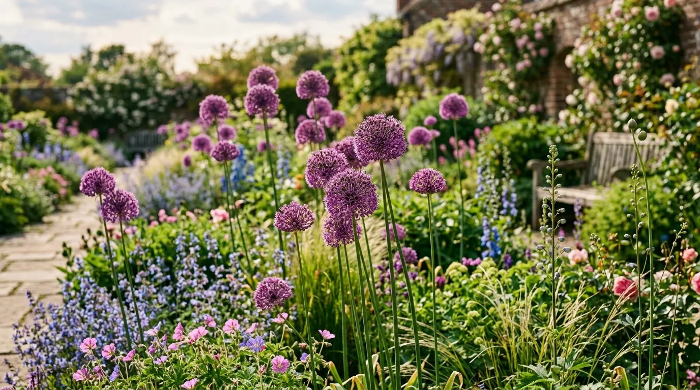 Purple ornamental allium globes flowering in a sunny UK garden border