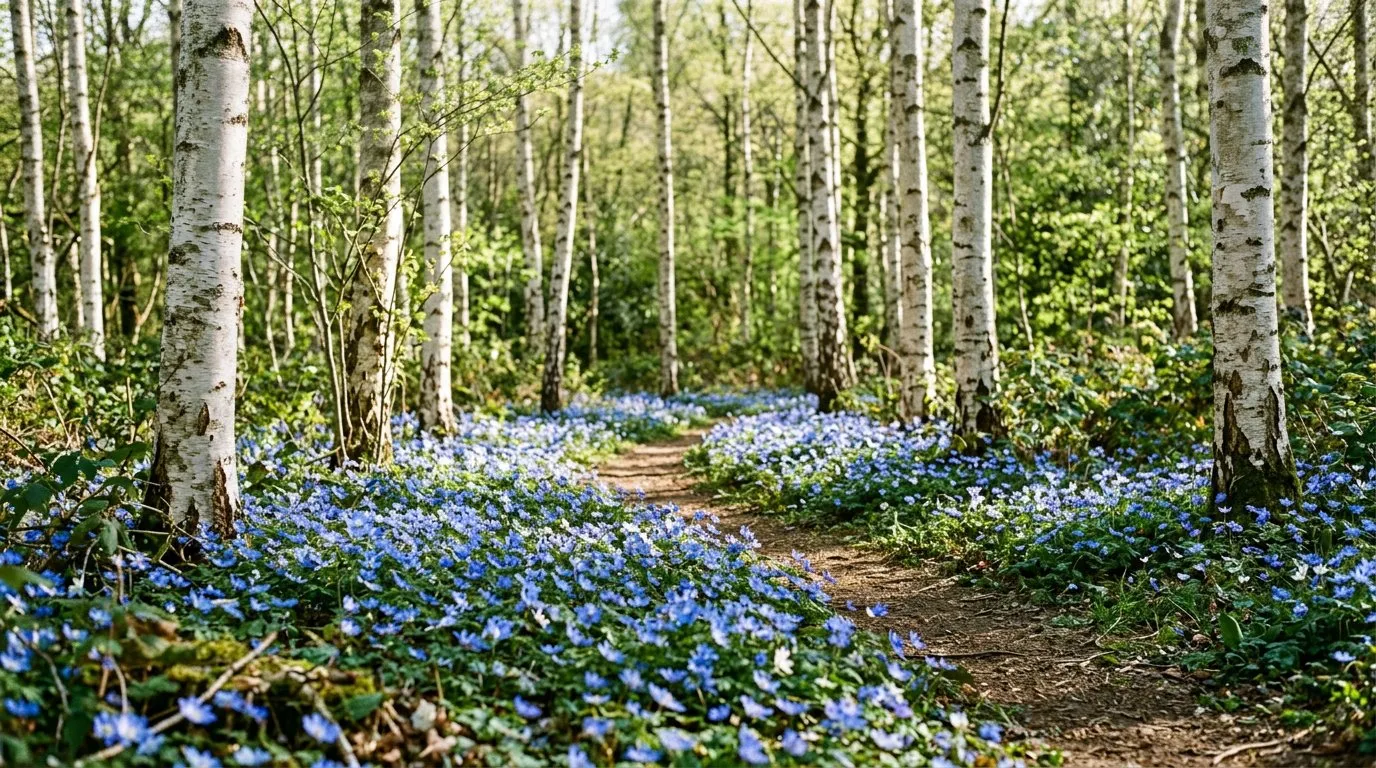 Anemone blanda blue flowers carpeting the ground in a UK woodland garden in spring