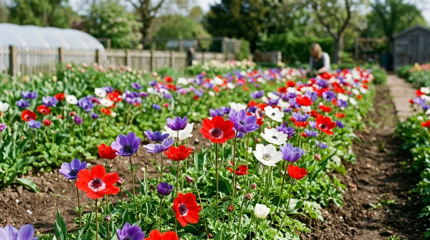 Anemone coronaria De Caen in red, purple, and white in a UK cutting garden