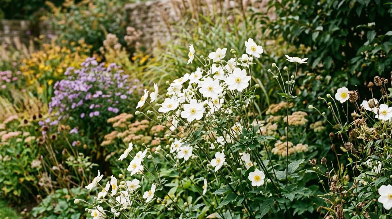 Japanese anemone Honorine Jobert with white flowers blooming in a UK autumn border