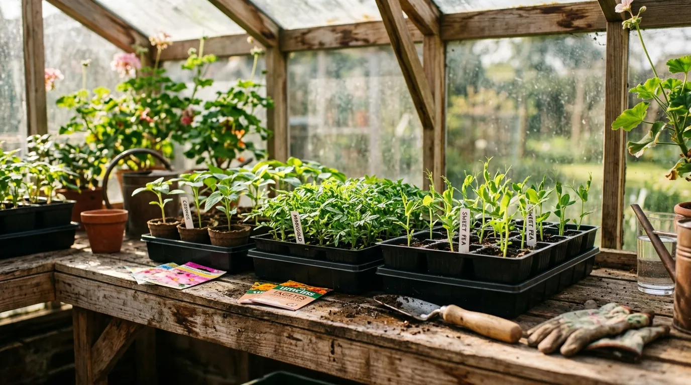 Annual flower seedlings growing in modular trays on a potting bench in a UK greenhouse ready for planting out