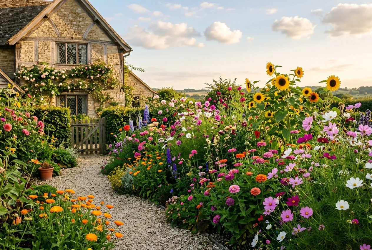 Vibrant cottage garden border with mixed annual flowers including cosmos, zinnias, sunflowers and calendula in a UK garden