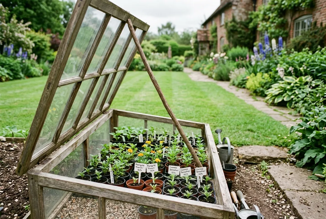 Annual flower seedlings hardening off in a cold frame in a UK country garden