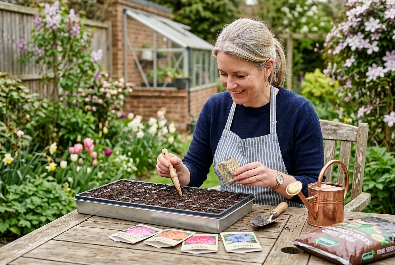A woman sowing annual flower seeds into a seed tray on a patio table in a UK spring garden