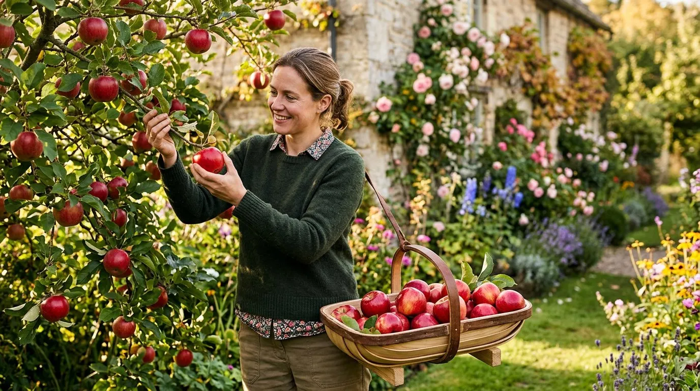 Ripe Discovery apples being picked into a traditional wooden trug