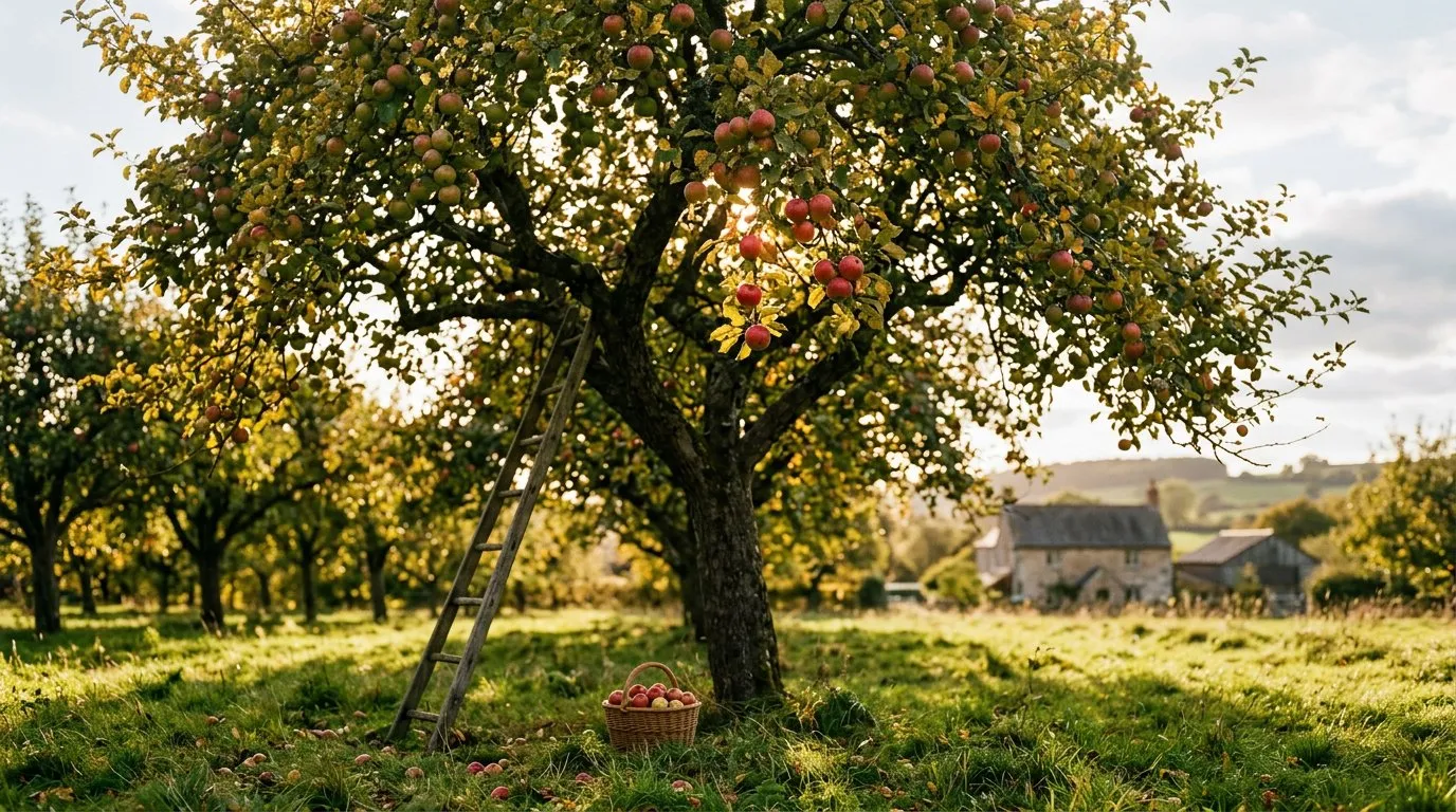 Mature apple tree laden with ripe red and green apples in an English orchard