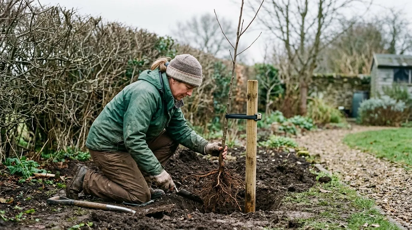 Bare-root apple tree being planted with a supporting stake