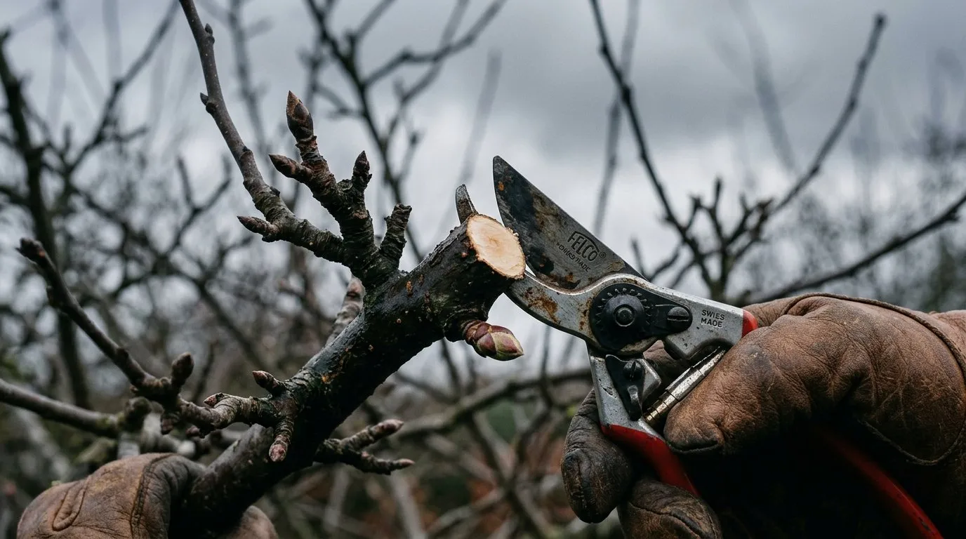 Winter pruning cut on an apple tree spur above an outward-facing bud