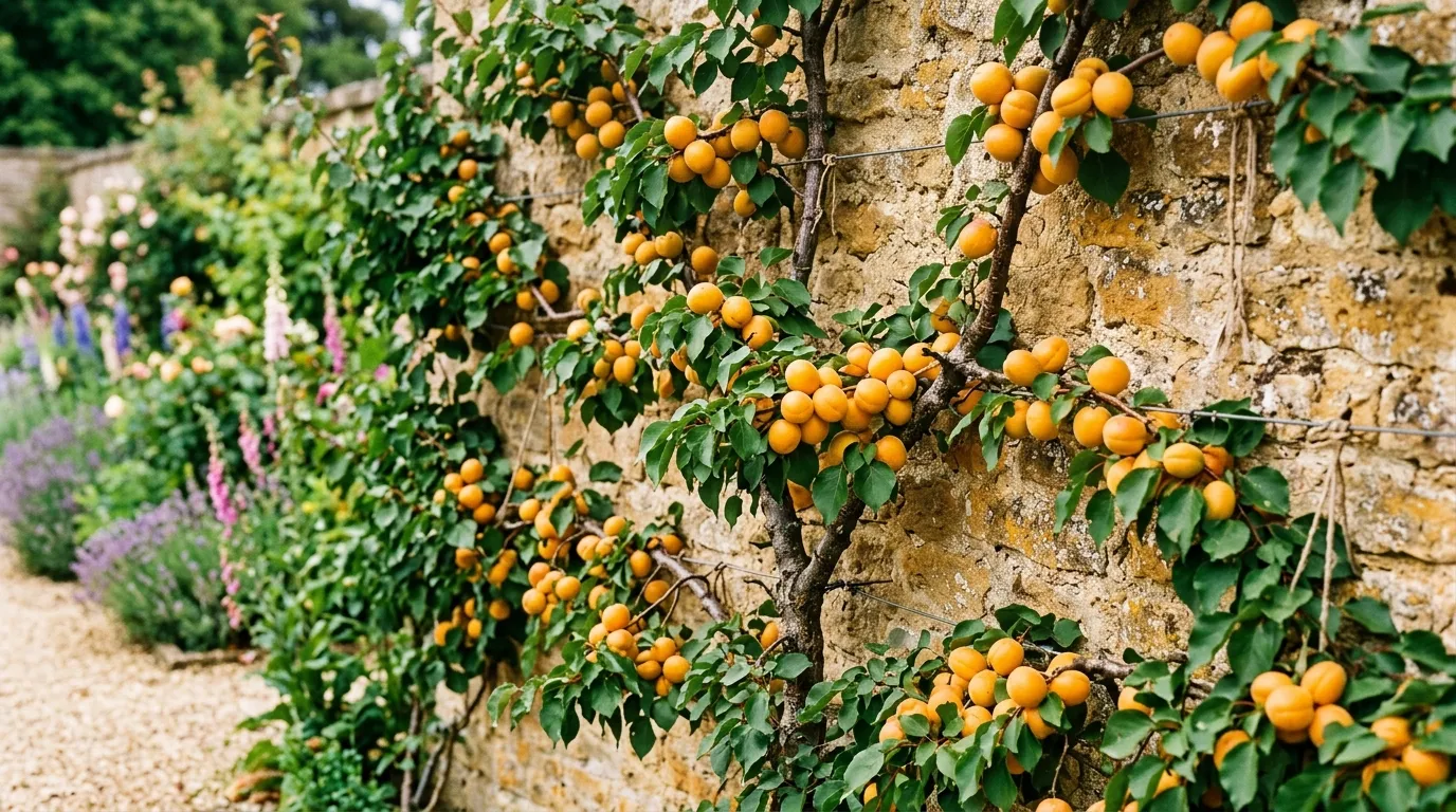Ripe golden apricots on a fan-trained tree against a warm stone wall in a UK walled garden