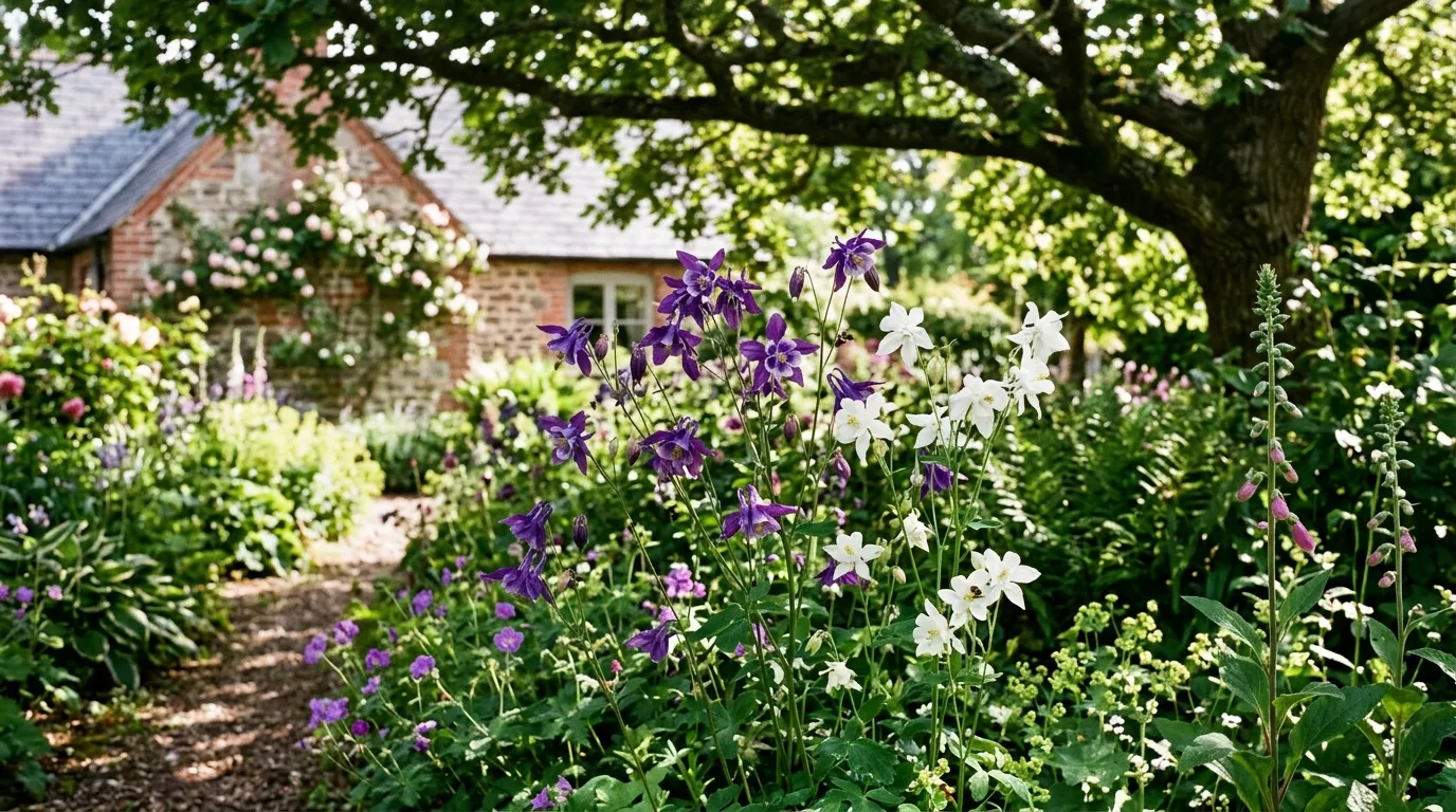 Purple and white aquilegia columbine flowers in dappled shade in a UK cottage garden