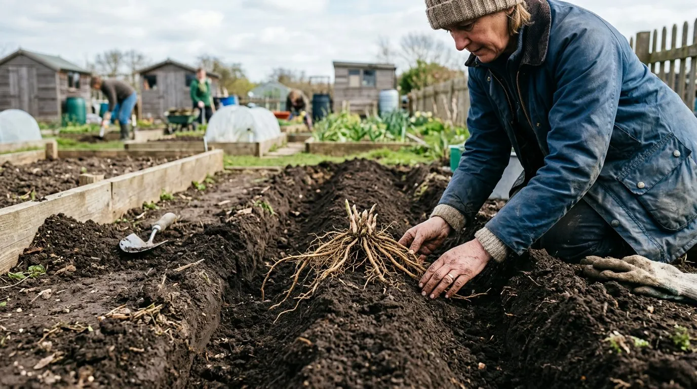 Asparagus crowns being planted in a prepared trench in a UK allotment