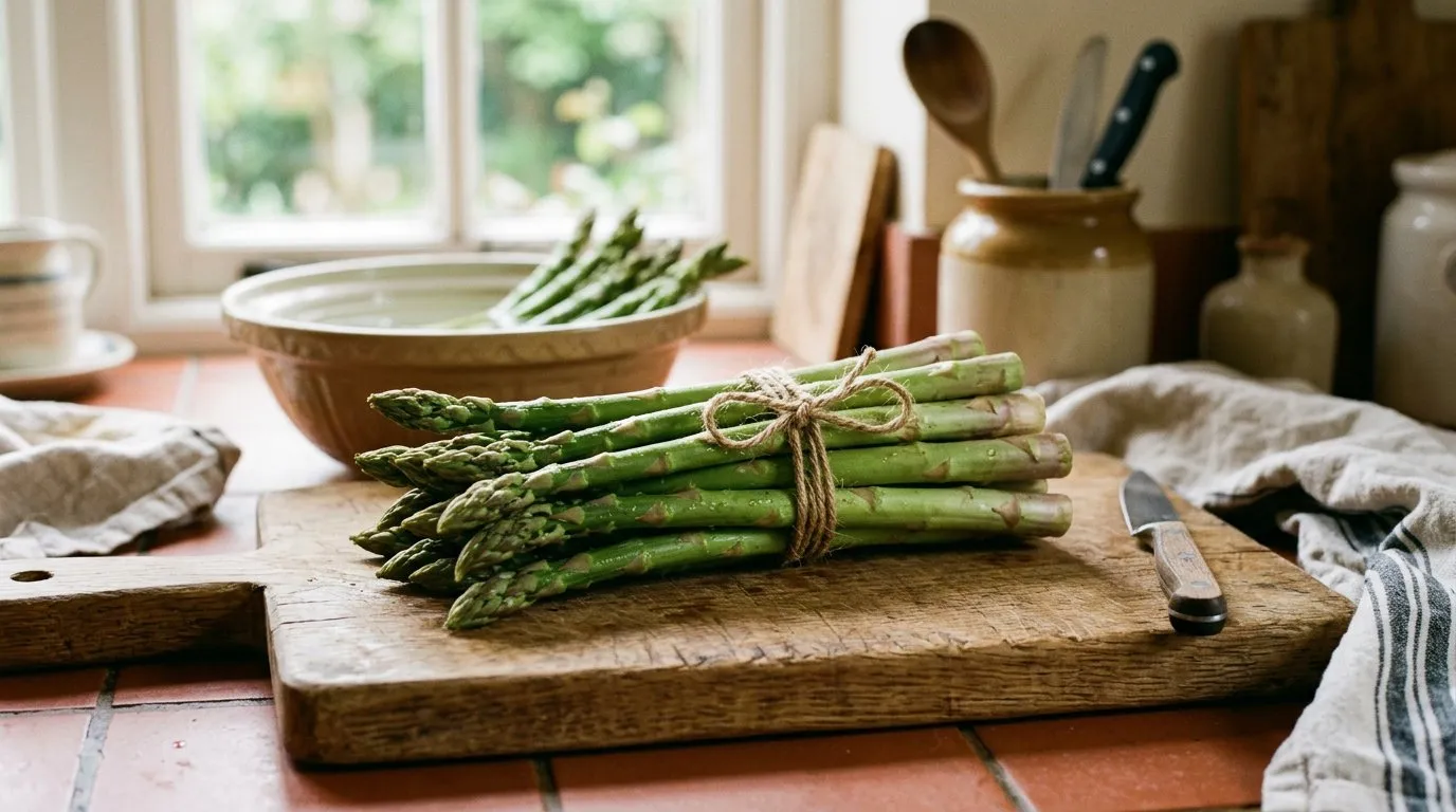 Freshly harvested asparagus spears tied in a bundle on a wooden chopping board