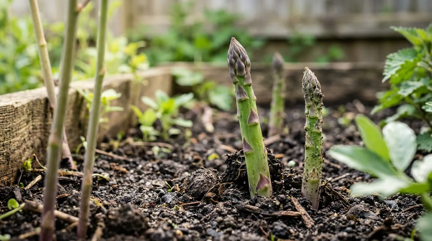 Fresh asparagus spears pushing through soil in a UK garden bed in April