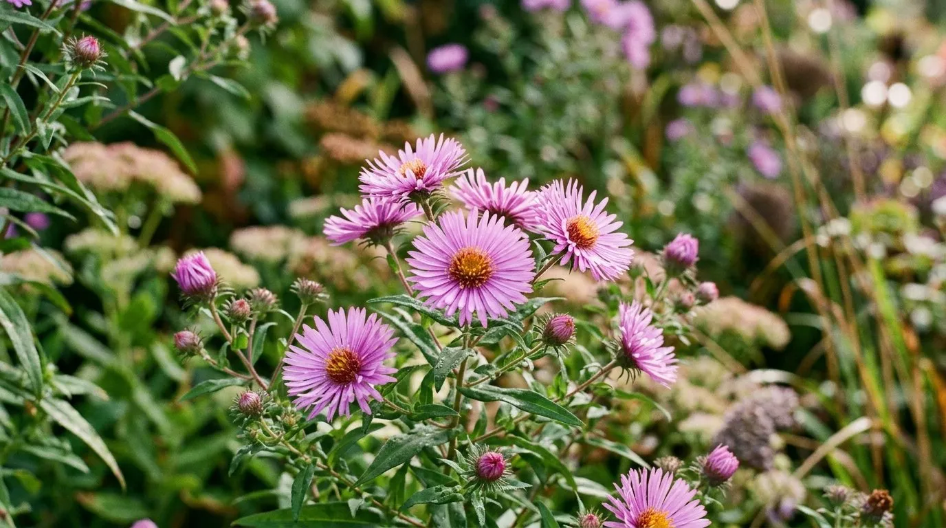 Close-up of asters flowering in a UK garden border for asters guide