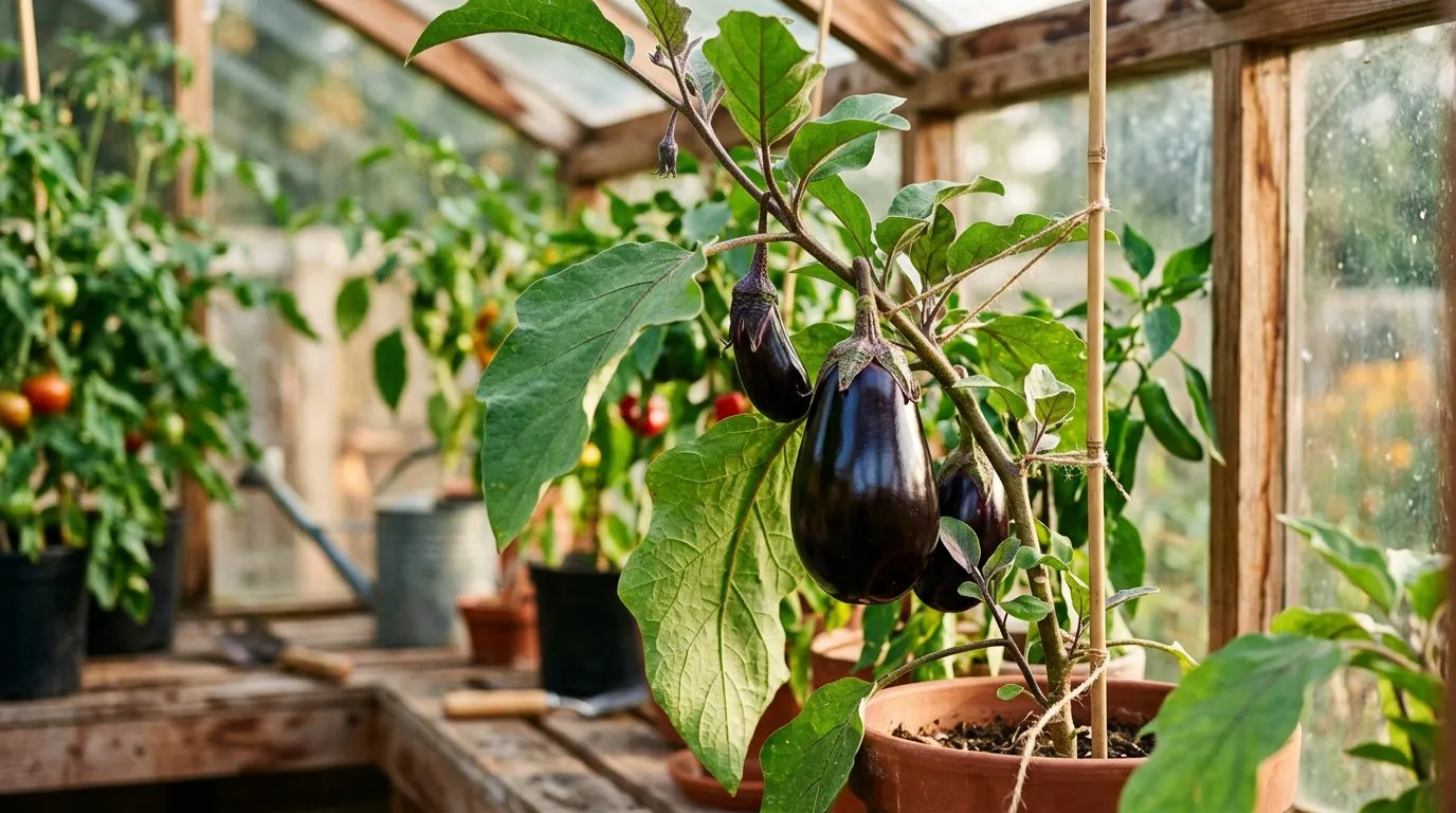 Aubergine plant with glossy dark purple fruit hanging in a UK greenhouse