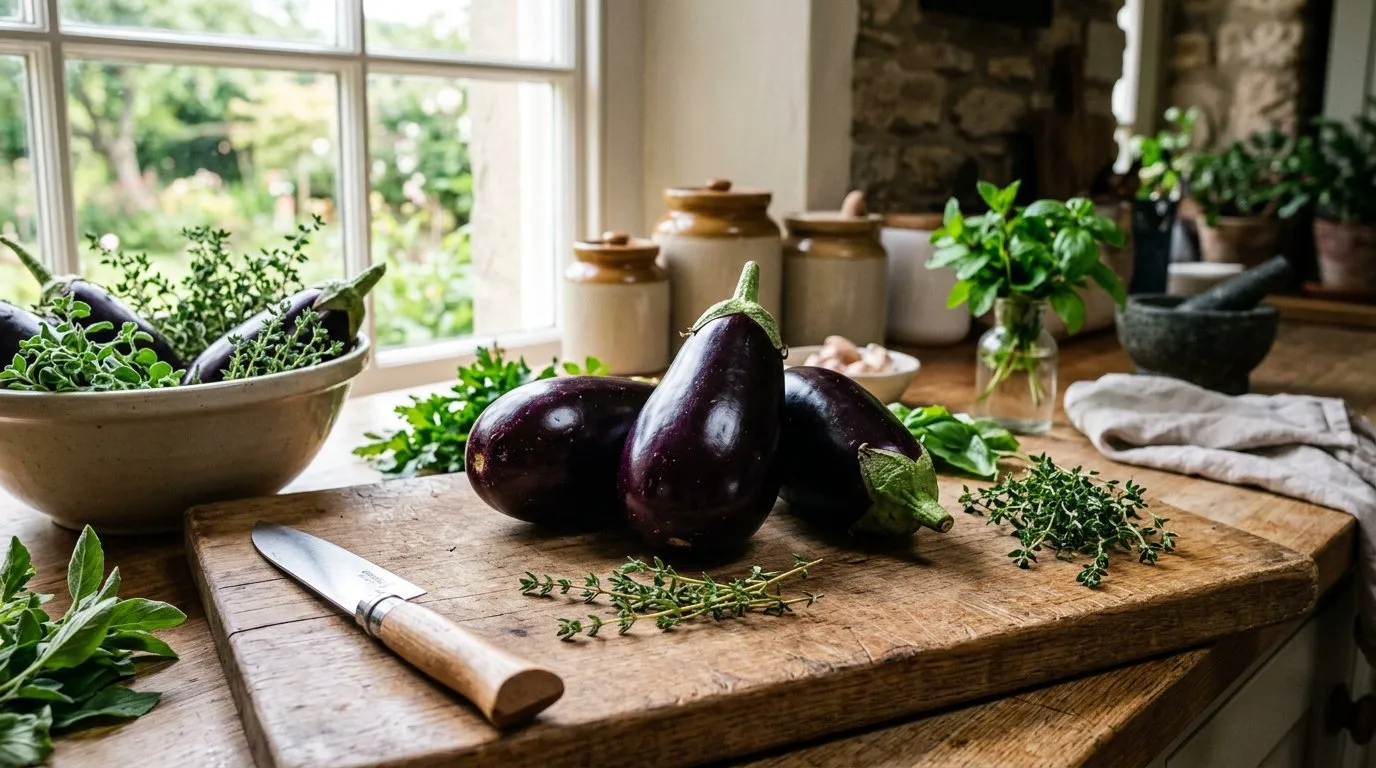 Freshly harvested aubergines with shiny purple skin on a UK kitchen chopping board