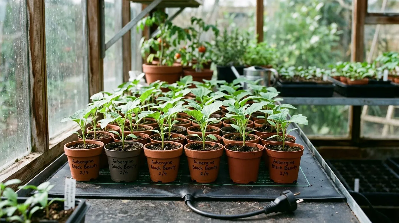 Young aubergine seedlings in pots on a heated propagation mat in a UK greenhouse