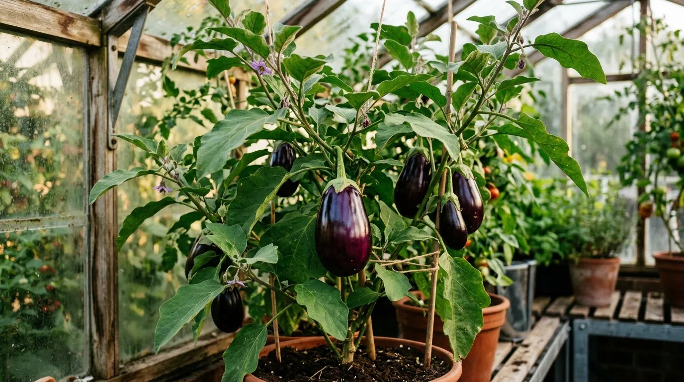 Glossy purple aubergines growing on a plant inside a greenhouse