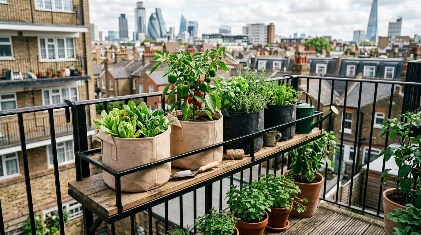 Grow bags arranged on a small balcony with herbs and salad crops growing in them