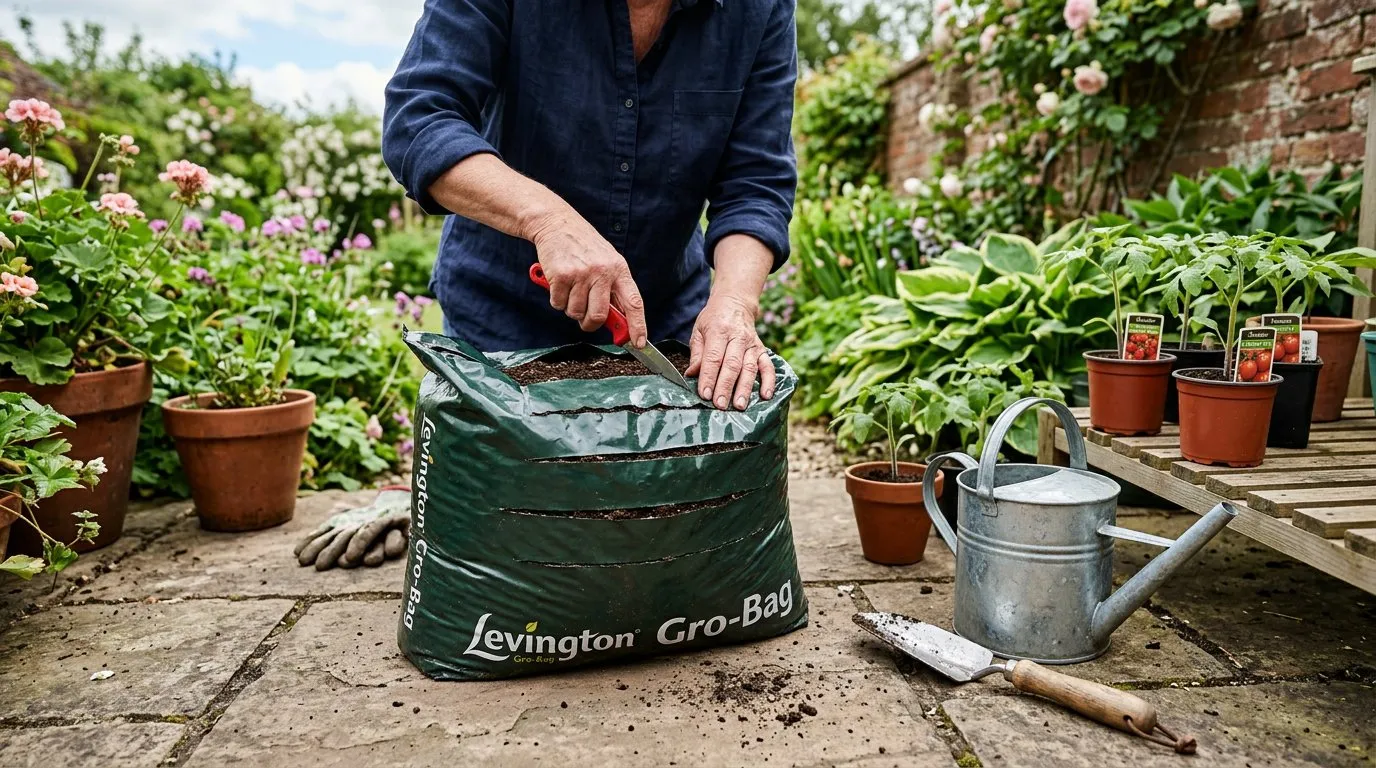 Grow bags being prepared with drainage slits and planting holes cut in the top surface