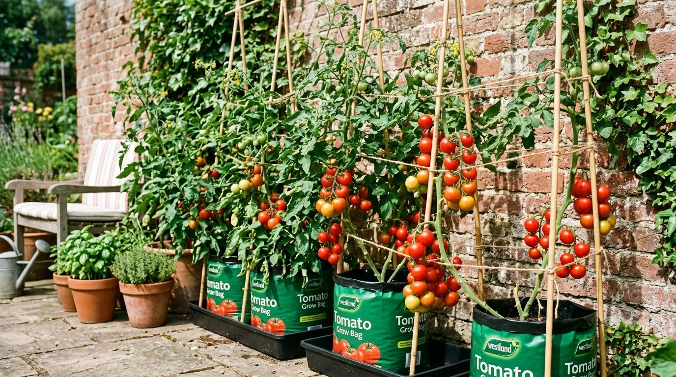 Tomato plants growing vigorously in grow bags on a sunny patio with canes for support