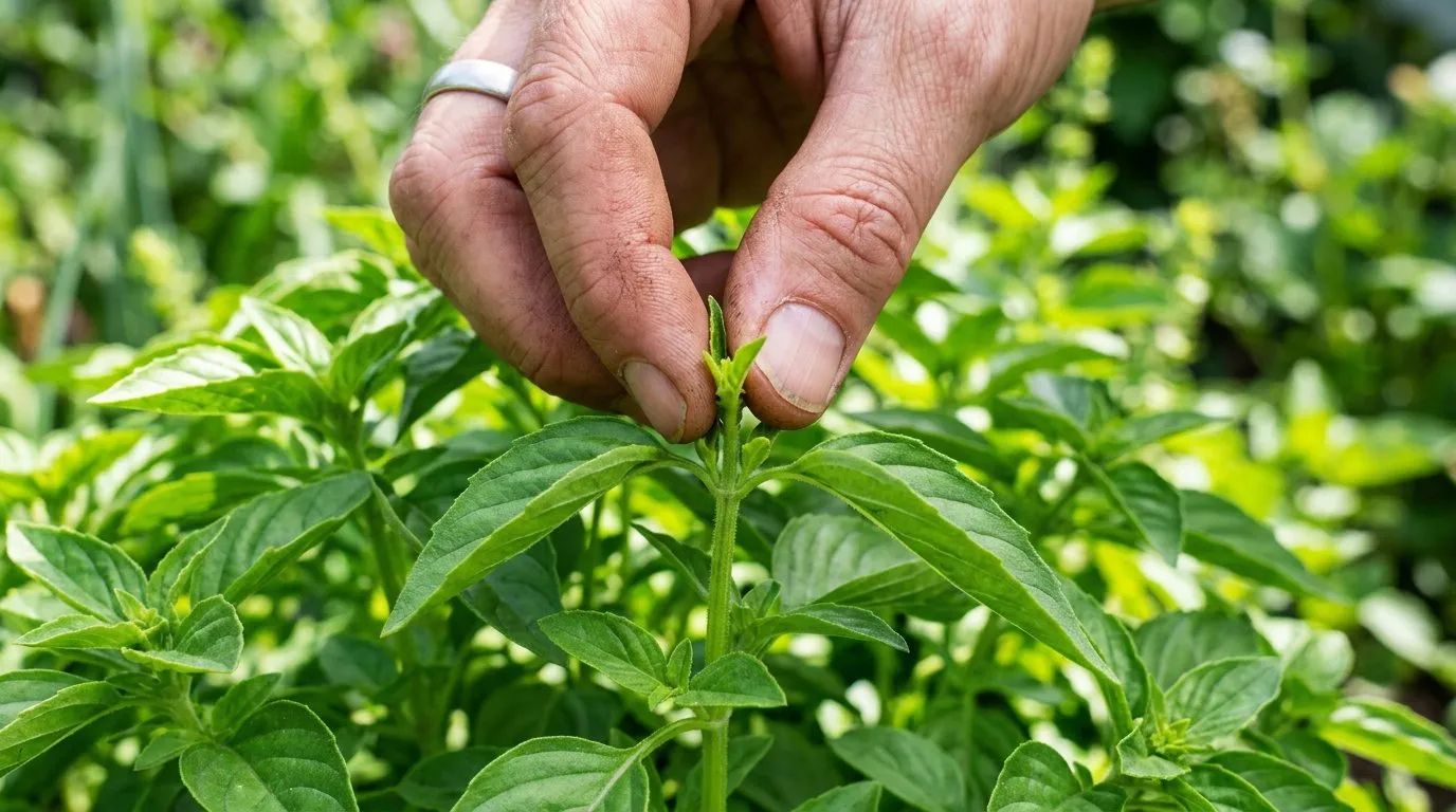Pinching out basil growing tips to encourage bushy growth