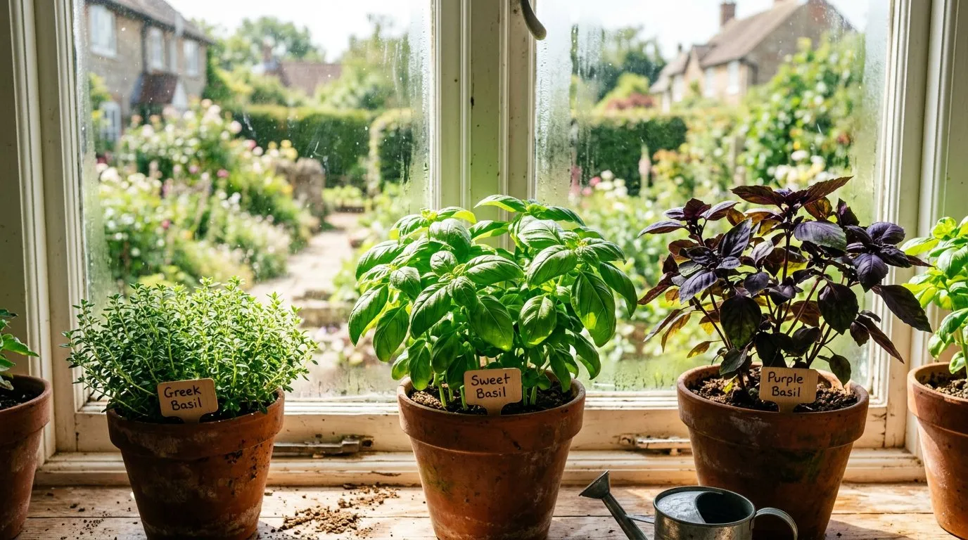 Lush green basil plants growing in terracotta pots on a sunny UK windowsill